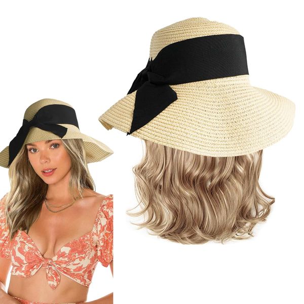 Sun Hat with Hair Extensions Hat Wigs for Women Foldable Wide Brim Straw Beach Hat Attached 12" Wavy Hairpiece Synthetic for Women Summer Light Brown Mix Ash Blonde