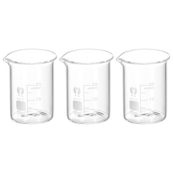 PATIKIL 3Pcs 25ml Low Form Glass Beaker, 3.3 Borosilicate Glass Graduated Printed Scale Measuring Cups with Spout for Kitchen Lab Liquids