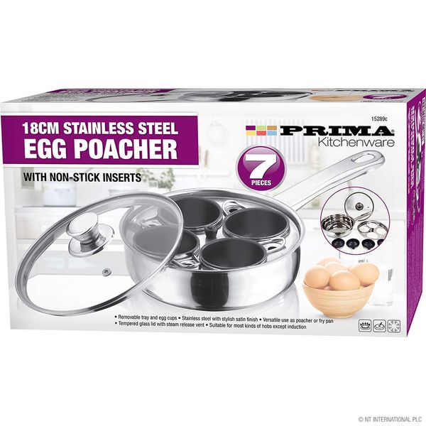 BARGAINS-GALORE 7PC STAINLESS STEEL EGG POACHER PAN 4 HOLE CUP POACH SAUCEPAN FRYING GLASS LID NON STICK NEW | SEE THROUGH TRANSPARENT VENTED GLASS LID | EGG MAKER COOKER