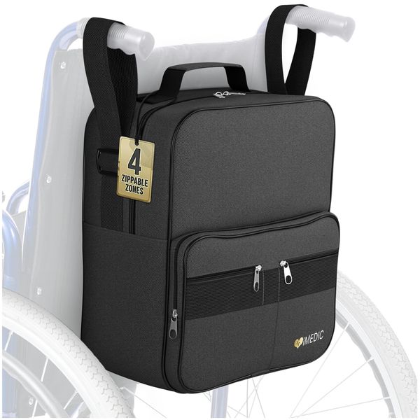 iMedic Deluxe Wheelchair Bag - Wheelchair Accessories for Adults - Wheelchair Bags to Hang on Back - Wheelchair Backpack - Wheelchair Storage Accessories - Electric Wheelchair Accessories - Black