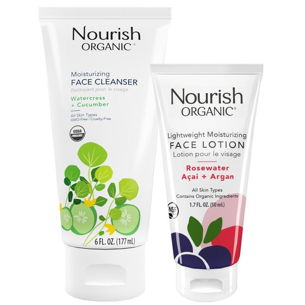 Nourish Organic Face Cleanser + Face Lotion Set – Lightweight, Moisturizing Formulas with Hydrating Aloe Vera and Replenishing Botanicals