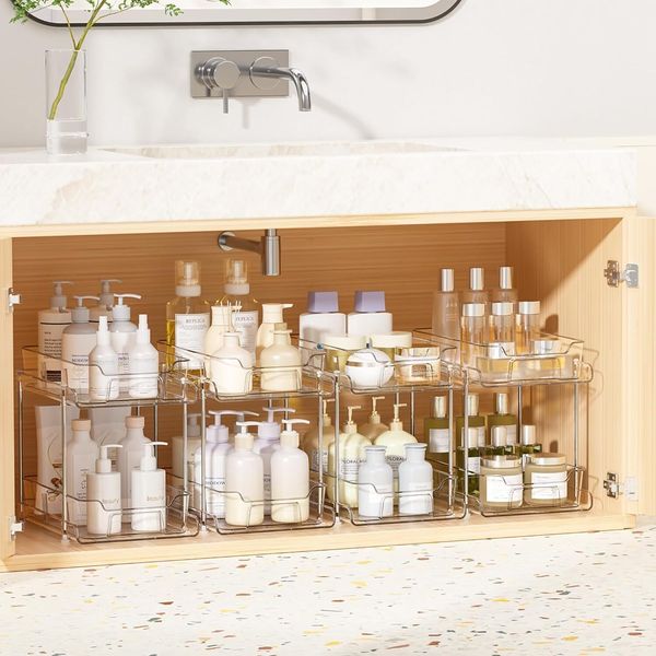 4 Pack 2 Tier Bathroom Under Sink Organizers and Storage, Clear Organization