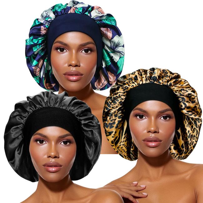 3 Pack Silky Sleep Bonnet for Curly Hair, Large Hair Bonnets for Hair Care, Satin Sleeping Cap Night Cap for Women