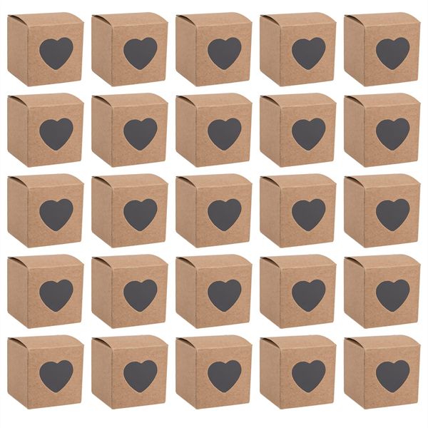 AUEAR, 50 Pack of Kraft Gift Boxes with Clear Plastic Heart Window 2x2x2 inch Treat Gift Boxes for Cake Candy Cookies Dessert