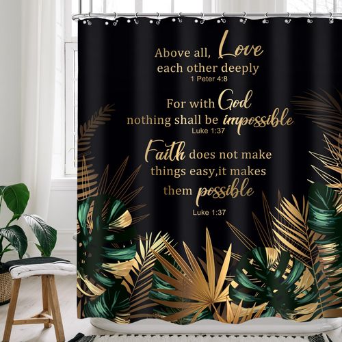 Cinbloo Gold and Green Palm Leaves 60Wx72H Shower Curtain Tropical Scriptures Bible Verse Bathroom Curtain Set Motivational Quotes Bath Curtain Cloth Fabric Bathroom Accessories Decor with 12 Hooks