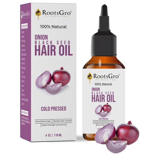 RootsGro 100% Natural Onion Black Seed Oil, Cold Pressed and Blend of More Than 15 Oils - Strengthens and Nourishes Hair Scalp - Stimulates Hair Growth | 4 ounce