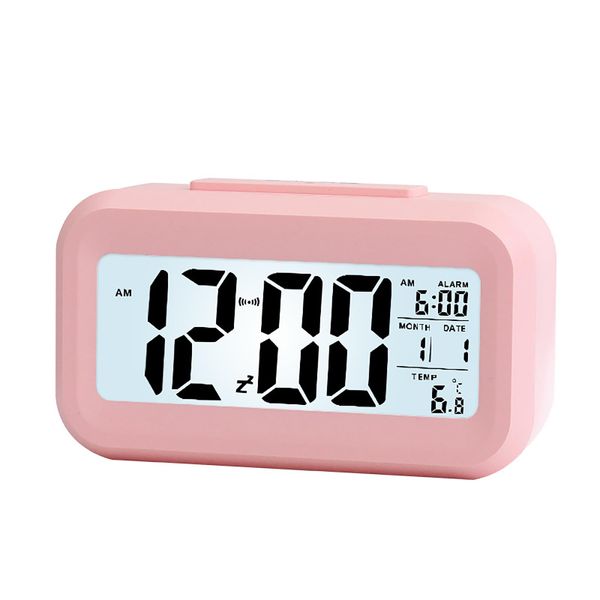 WANGCL 12/24 hour digital alarm clock bedside table clock with backlight LCD display date calendar and temperature display (pink