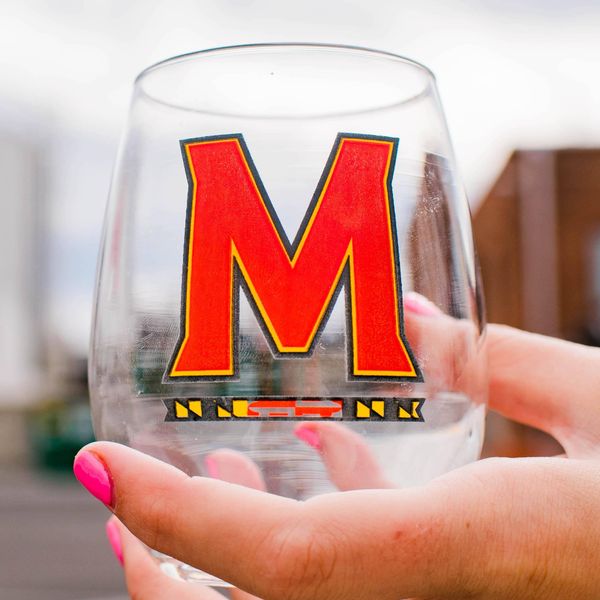 UMD "M" Logo / Stemless Wine Glass - 4/$13 Each