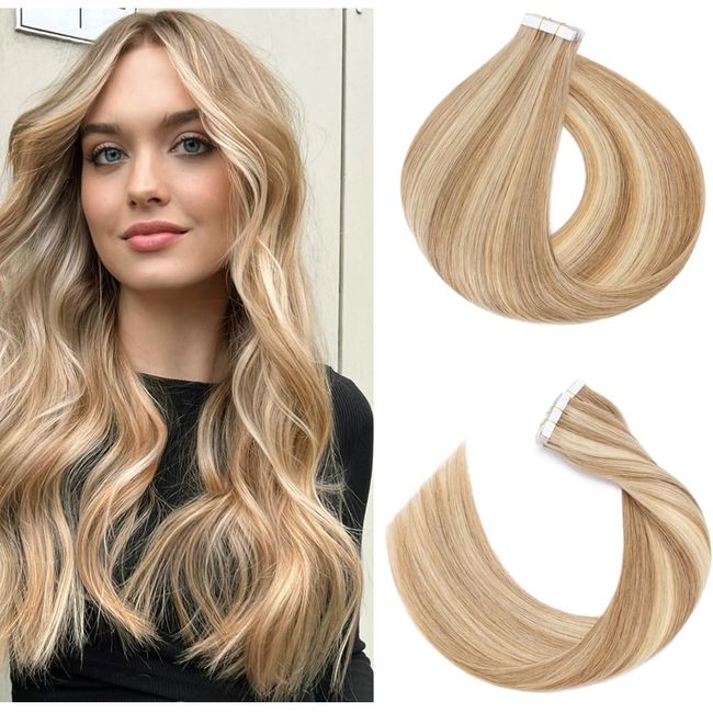 Rich Choices Tape in Hair Extensions Human Hair 40pcs 80g Balayage Golden Brown Highlighted Bleach Blonde 100% Remy Hair Extensions Real Human Hair Seamless Straight Tape in Hair of 12 inch #12P613