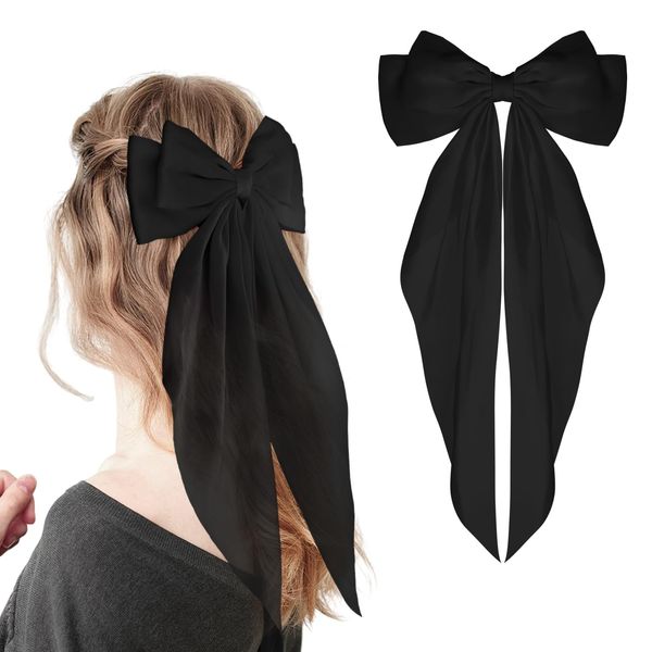 WLLHYF Big Bow Hair Clips Satin Silky Bow Barrettes Long Tail French Hair Bows Metal Hair Pins Bowknot Hair Clamps Hair Accessories for Women Girls Wedding Birthday Party (Black)