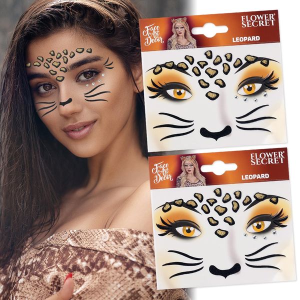 Kistreao Leopard Print Face Tattoos Stickers Cheetah Temporary Tattoo Leopard Face Eyes Gems Stickers for Women Girls Makeup Cosplay Festival Holiday Halloween Party Decorations Supplies 2Pcs