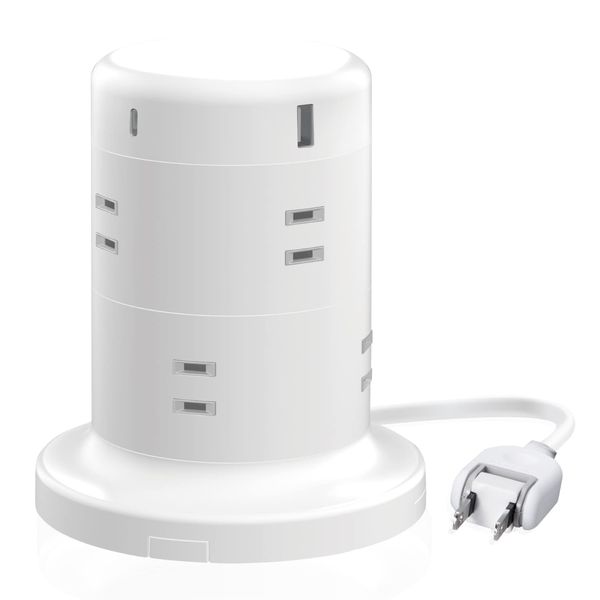 Elecom ECT-2120WH Tower-shaped Power Strip, Extension Cord, 8 Outlets, 2 USB-C Ports, 3 USB Ports, USB PD 45W, Lightning Guard, Dust Shutter, Mounting Parts Included, 6.6 ft (2 m), White