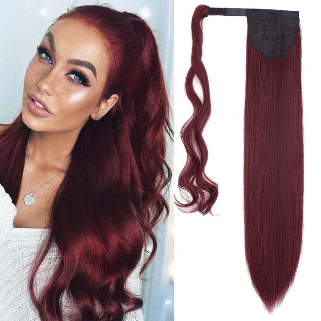 Gairyan Ponytail Extension Glatt 60cm Gewickelt Haarverlängerung Zopf Pferdeschwanz Haarteil Zopf Extensions Gerade Lang Kunsthaar Zopf Haarteil Synthetik Haare für Frauen (Weinrot)