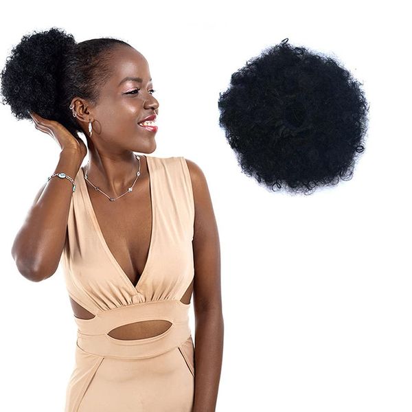 8inch Black Afro Puff Drawstring Ponytail Extension Synthetic Short Curly Hair Wig Hair Puff Bun Updo Hairpieces Afro Kinky Curly Ponytail with Two Clips