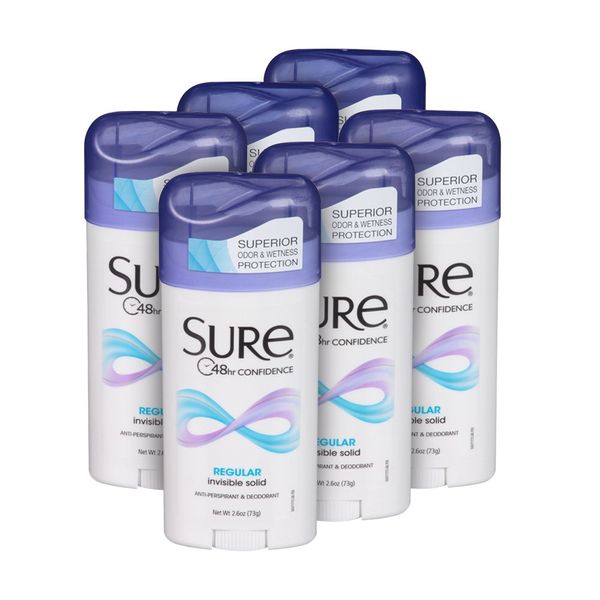 SURE, Antiperspirant Deodorant, Solid, Regular, 2.6 oz., (6 Pack)