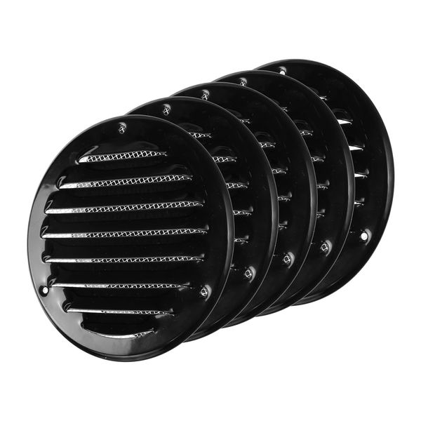 Vent Systems 4" Inch Black Soffit Vent Cover - Pack of 5 - Round Air Vent Louver - Grill Cover - Built-in Insect Screen - HVAC Vents for Bathroom, Home Office, Kitchen