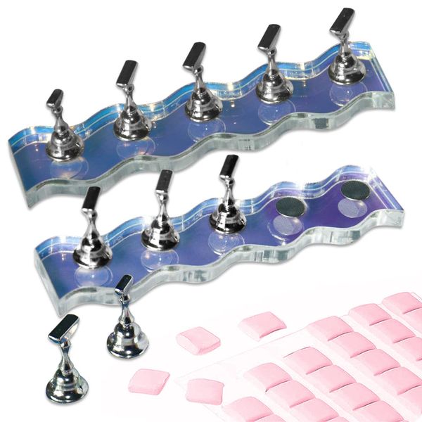 BPrettier Nail Holder for Painting Nails 2 Set Nail Stand for Press on, Press on Nail Stand with 96 Pcs Reusable Sticky Putty for Nail Art Display Home & Salon Use.(Aurora & Silver)