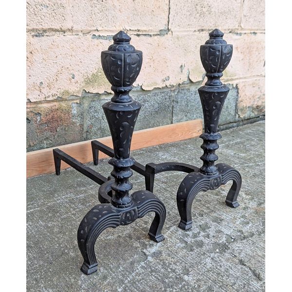 2 avail 18"H Pair Antique Vintage Iron Mission Arts & Crafts Fireplace Andirons