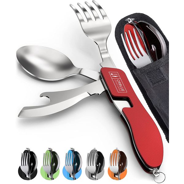 Solo Camping, Great for Camping Rice, Obluu, Outdoor, Caratory, 4 in 1 Set, Fork, Knife, Spoon, Opener, Compact Storage of 4 Functions, Separate, Pocket Size, Storage Pouch Included, Dishwasher Safe (Red)