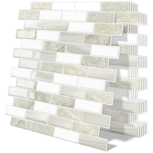 Tiwoos Thick Peel and Stick Backsplash Tile 12"x12" Kitchen Bathroom Self Adhesive Wall Tiles Beige & White (10-Sheet)