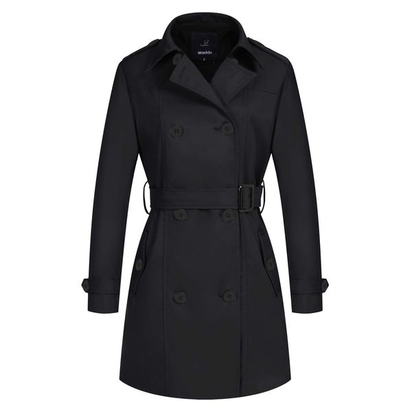 wantdo Women Double Breasted Peacoat Long Trench Coat with Belt Black Medium