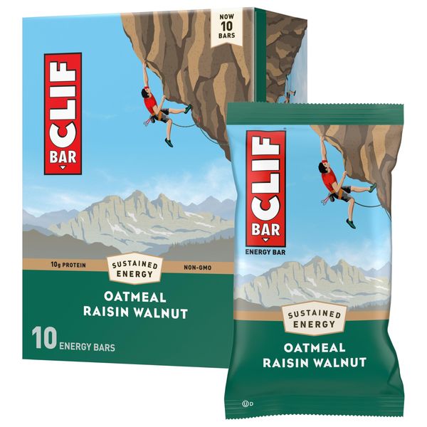 Clif Bar - Oatmeal Raisin Walnut - Made with Organic Oats - 10g Protein - Non-GMO - Plant Based - Energy Bars - 2.4 oz. (10 Pack)