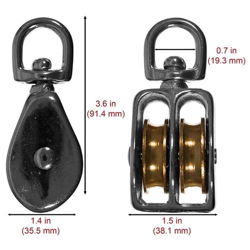 Rope and Cord Metal Swivel Double Wheel Pulley for 1/4 Inch Rope Hoisting and Maneuvering - 1-1/2 Inch