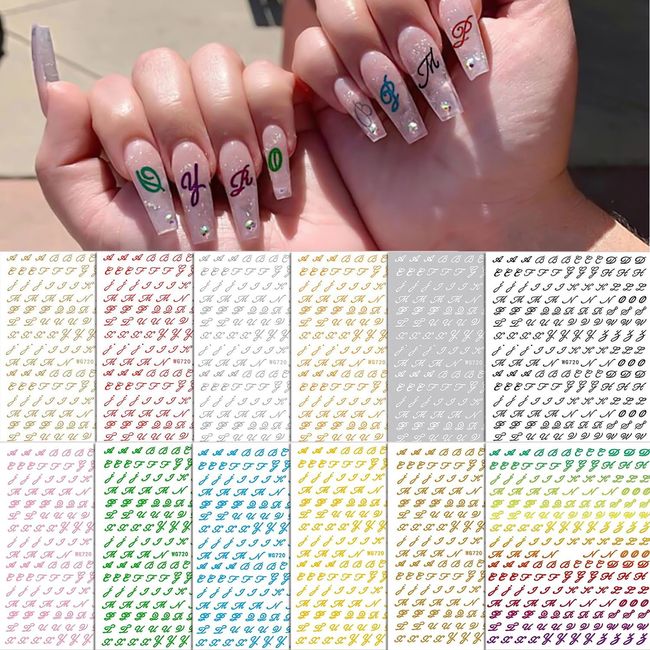 WOKOTO 12 Sheets Old Letter Nail Stickers for Nail Art Letter Stickers Decals Self-Adhesive Retro Old Alphabet Nail Letter Stickers for Nails Decoration Accessories for Women Girls Nail Art Decals