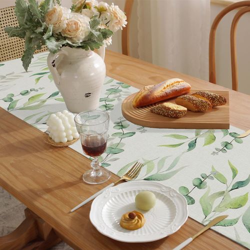 Dremisland Eucalyptus Leaves Summer Table Runner Sage Green Table Cover Cotton Linen Seasonal Table Mat Runners for Kitchen Dining Table Decor Indoor Outdoor Party Supply, 30x180cm