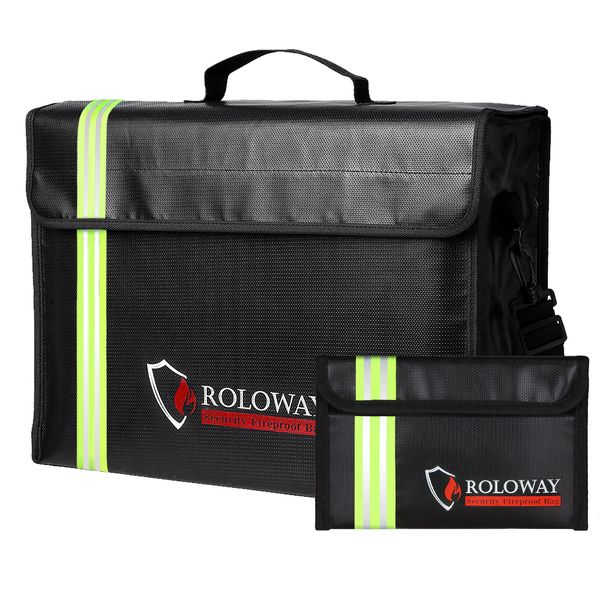 ROLOWAY Large (17 x 12 x 5.8 inches) Fireproof Bag with Reflective Strip, Fireproof Document Bags, Fireproof Money Bag, Water Resistant Fireproof Safe Bag for Documents and Valuables Storage