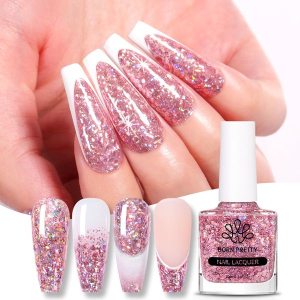 BORN PRETTY Holographic Nail Polish 10ml Rose Gold Nail Varnish Iridescent Glitter Holo Sequins Nail Polish Quick Dry Long Lasting Manicure Gift for Valentine's Day