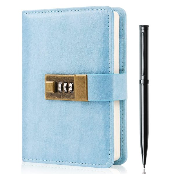 WEMATE Journal 2024 A6 Keyed Notebook Horizontal Ruled PU Leather Password Notebook with Pen & Gift Box 240 Page-15.8cmx11.5cm Diary with Lock Keeps Secrets Secret-Light Blue