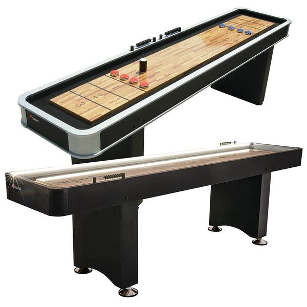 Atomic 9’ Platinum Shuffleboard Table with Poly-coated Playing Surface for Smooth, Fast Puck Action and Pedestal Legs with Levelers for Optimum Stability and Level Play