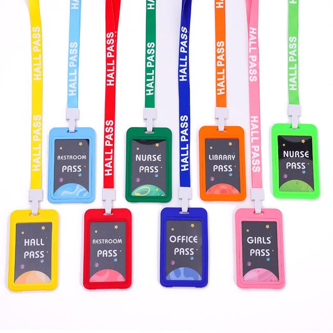 TINYFUTURE 8PCS Hall Pass Lanyards School Passes Set Unbreakable PVC for Teachers and Classroom Supplies, Hall Passes of Girl Restroom Nurse Library Office