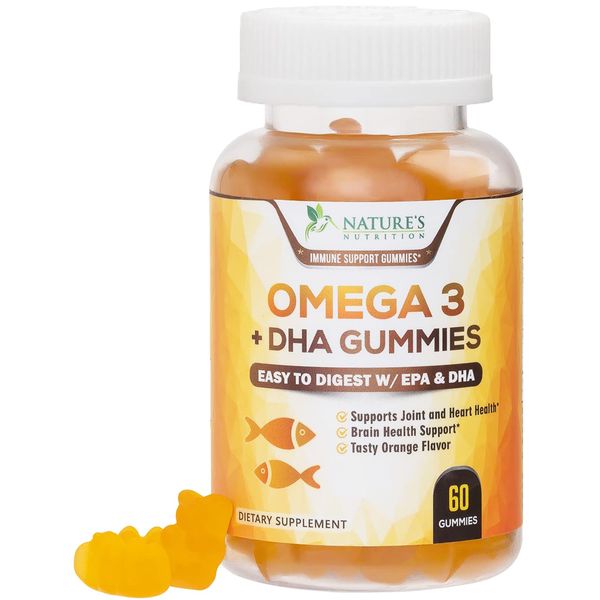 Omega 3 Fish Oil Gummies, Heart Healthy Omega 3 Supplement with High Absorption DHA & EPA, Extra Strength Joint & Brain Support, Omega 3 Fish Oil Nature's Gummy Vitamin, Orange Flavor - 60 Gummies