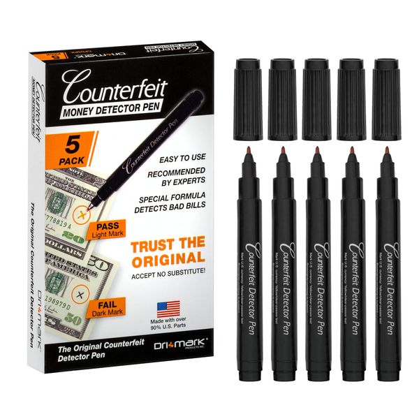 Dri Mark CFD5PK Counterfeit Bill Detector Marker Pen, Made in The USA, 3 Times More Ink, Pocket Size, Fake Money Checker - Money Loss Prevention Tester & Fraud Protection for U.S. Currency (Pack of 5)