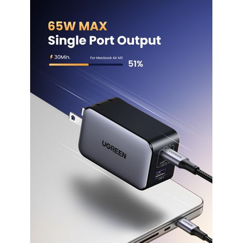 UGREEN 65W USB C Charger, Nexode 3 Ports GaN Fast Charger Block, Compact Foldable Charger for MacBook Pro/Air, Dell XPS, iPhone 16/15/14/13, iPad Pro, Galaxy S24/S23, Pixel 8, Steam Deck (Black)