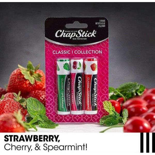 NEW! CHAP STICK 3-PACK Classic Collection 🍓•STRAWBERRY 🍒•CHERRY & 🍃SPEARMINT.