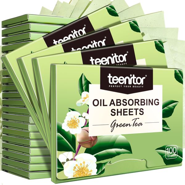 Teenitor 2400 Counts Oil Absorbing Sheets for Face, Oil Blotting Sheets for Face, Green Tea Oil Absorbent Pads Oil Blotting Paper for Oily Skin, Face Oil Wipes Oil Sheets for Women Men, Large 10cmx7cm