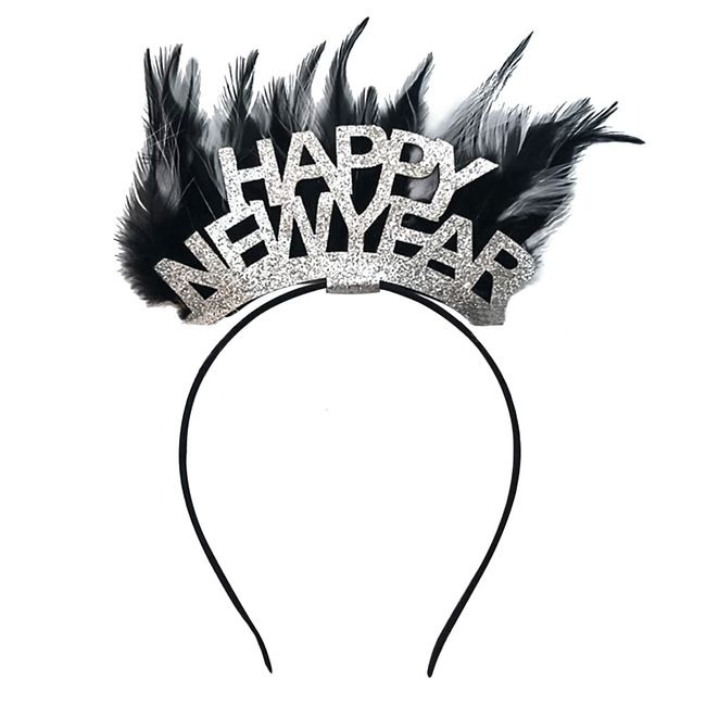 Hying 2024 Happy New Year Feather Headbands Tiara for Women Man Kids, Silver Glitter Words Headwear Holiday Hair Hoops Accessories for Christmas 2024 New Year Eve Party Supplies