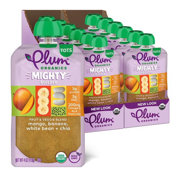 Plum Organics | Mighty Protein & Fiber | Organic Baby Food Meals [12+ Months] | Mango, Banana, White Bean, Sunflower Seed Buttter & Chia | 4 Ounce Pouch (Pack Of 12),Packaging May Vary