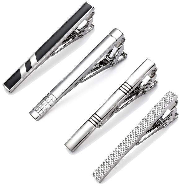 MOZETO Tie Clips for Men, Classic Style Silver Tie Bar Set for Regular Ties Luxury Box Gift Ideas