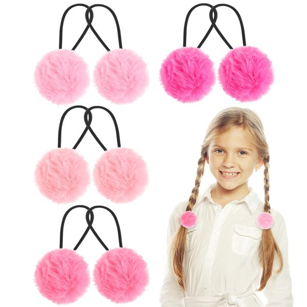 4 Paar Pom Pom Haargummis Mädchen Flauschige Elastische Stirnbänder für Mädchen Haarschmuck Rosa Haargummis Kugel Stirnbänder Schleife Elastische Nylon Cheerleader Pompons