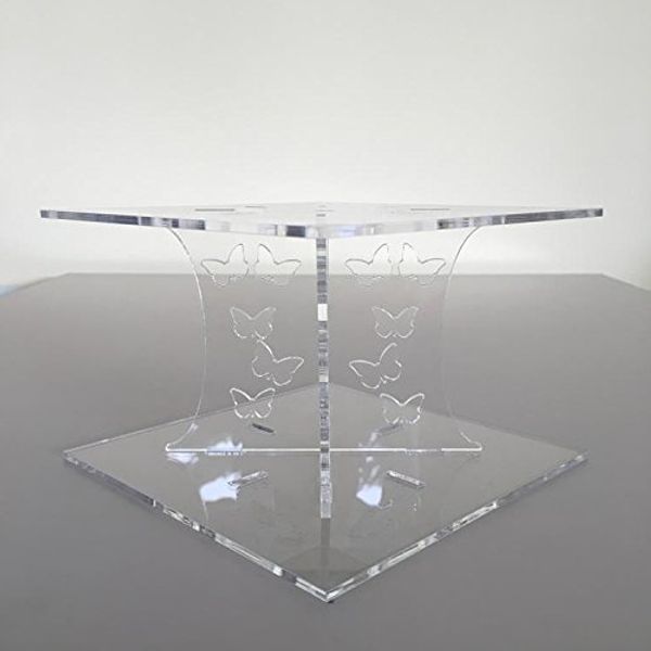 Butterfly Design Square Single Tier Cake Stand - Clear - Base 25 cm, Top 23 cm