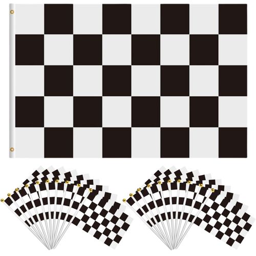 1Pcs Checkered Flag 3x5 Foot and 20Pcs 8"x5.5" Mini Checkered Flag on Stick Black White Pennant Banner Small Racing Flags Decoration for Game Parade Sport Events Festival Race Car Birthday Party Supplies