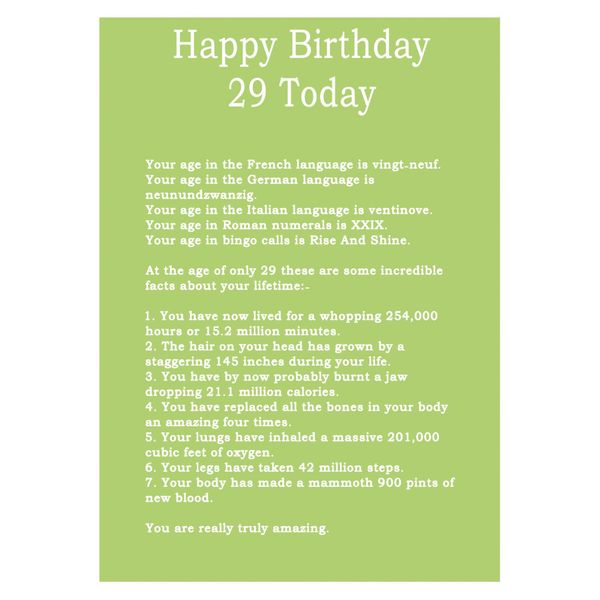 Age 29 Body Facts Birthday Card
