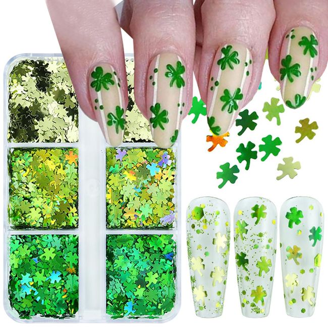 6Grids St. Patrick's Day Nail Art Glitter Sequins Kit - 3D Clover Nail Sequins Nail Stickers Decal Green Shamrock Irish Luck Shaped Design Holographic Flakes DIY St. Patrick's Day Manicure Accessories