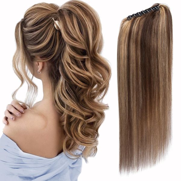 SEGOHAIR Claw Clip Ponytail Hair Extensions Human Hair, 22 Inch Ponytail Extension Natural Real Hair Straight Remy Hair Extensions-Dark Chocolate Brown with Strawberry Honev Blonde(130g）