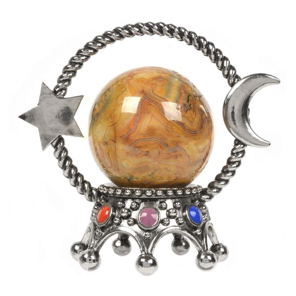 Justinstones Crazy Lace Agate Moon Sphere Luna Surface Texture 40mm Ball Gemstone Crystal Healing Care Office Decor Stone Crafts with 7 Chakra Crown Holder