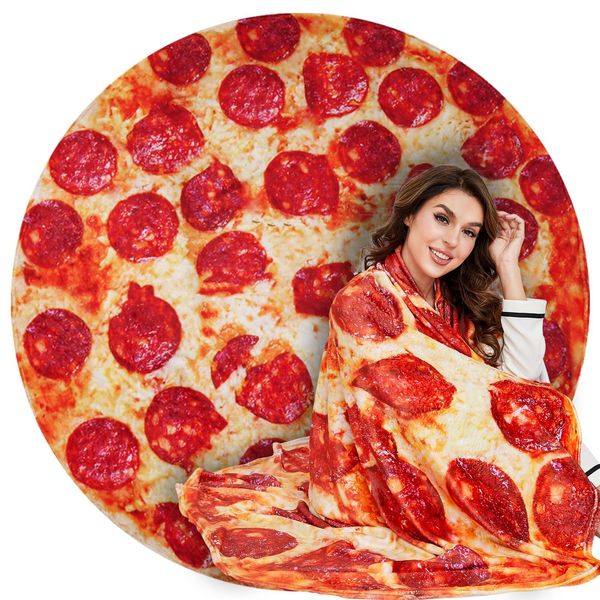 Lhedon Pizza Blanket Adult Size, Blankets Queen Size, 80 Inches Round Pepperoni Pizza Food Blanket, Funny Gift for Women Men, Flannel Blanket for Bed Office Travel